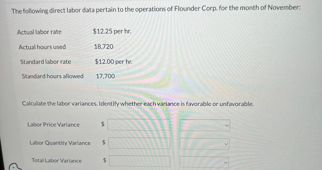 The following direct labor data pertain to the operations of Flounder