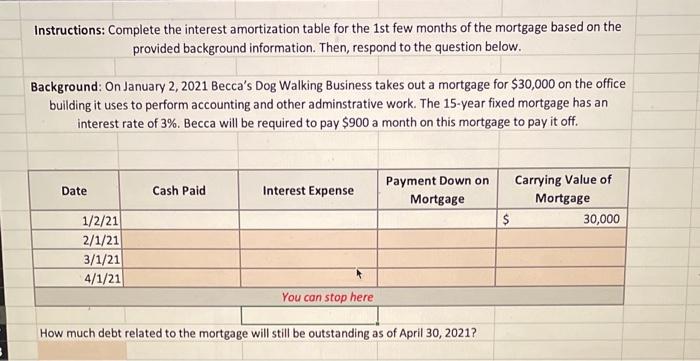  Instructions: Complete the interest amortization table for the 1st few months