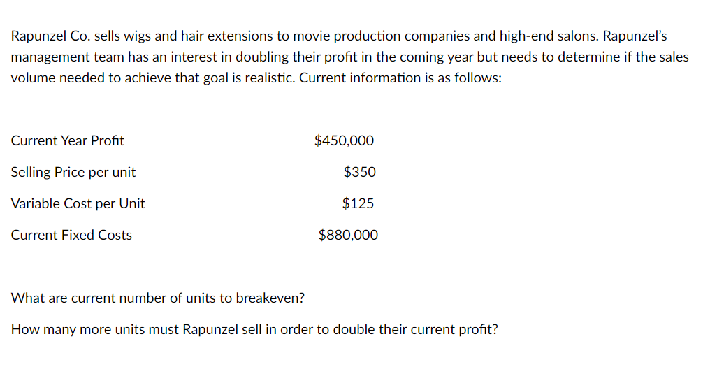 so) Rapunzel Co. sells wigs and hair extensions to movie production companies