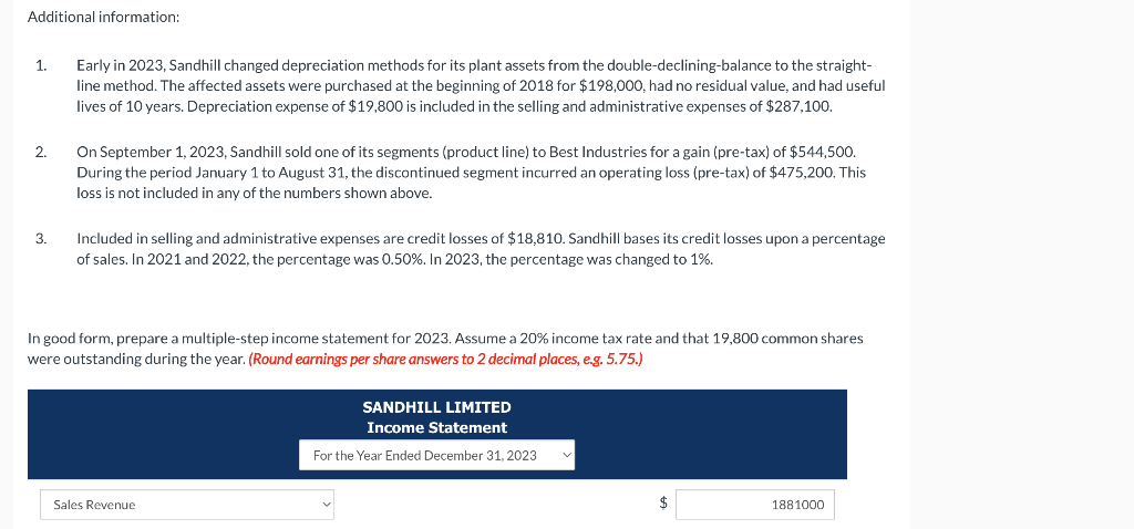 19,800 shares outstanding. Presented below is information that relates to Sandhill Limited