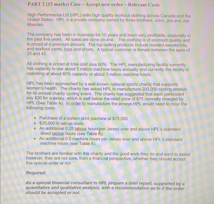  PART 2 (15 marks) Case - Accept new order-Relevant Costs High