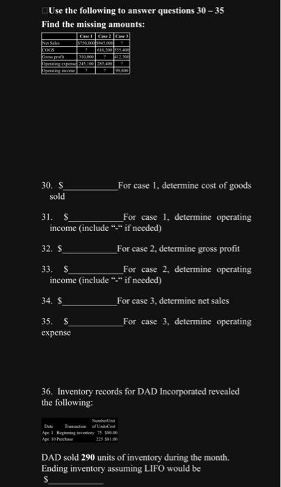 questions 39-40 MATCH... For each of the following independent situations, fill in