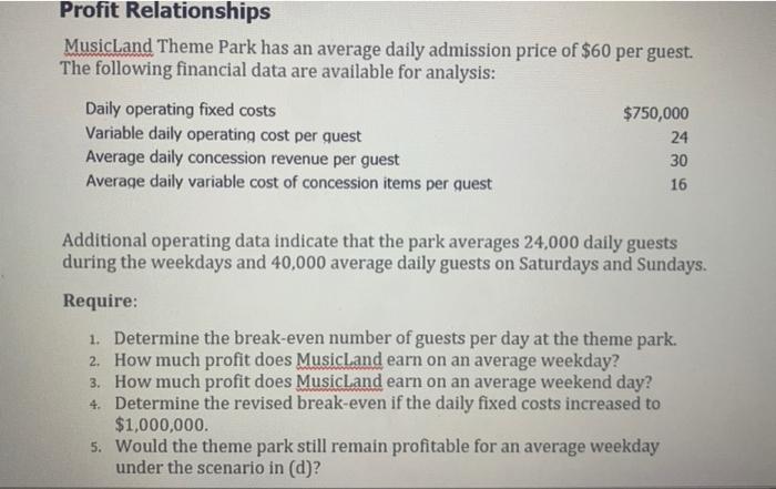 price of $60 per guest. The following financial data are available for