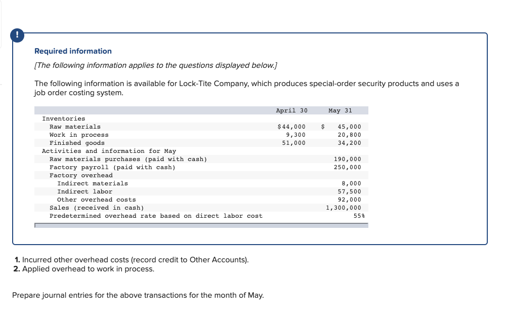 a job order costing system. April 30 May 31 $ $ 44,000