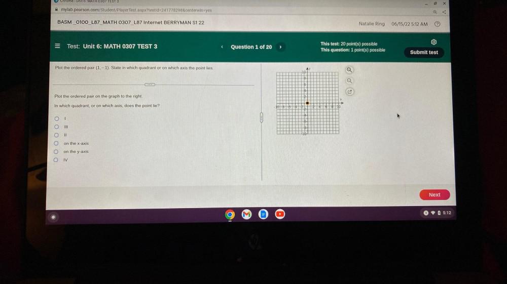  Plot the ordered pair (1,-1). State in which quadrant or on