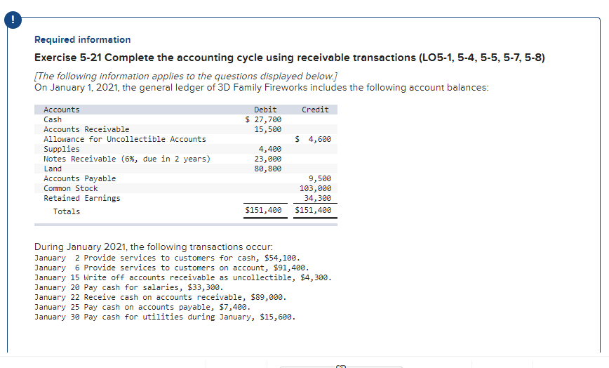 Required information Exercise 5-21 Complete the accounting cycle using receivable transactions