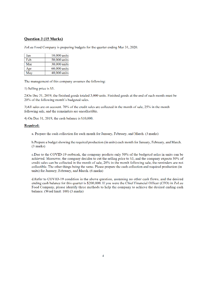 Question 3 (15 Marks) Vl.ee Found Company is preparing budgets for