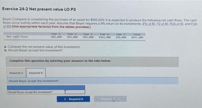 value LO P3 Beyer Company is considering the purchase of an asset