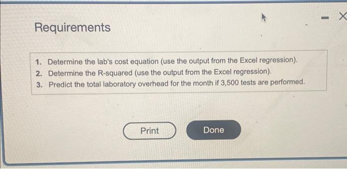 decinal places) y=x+ Data table Requirements 1. Determine the lab's cost equation