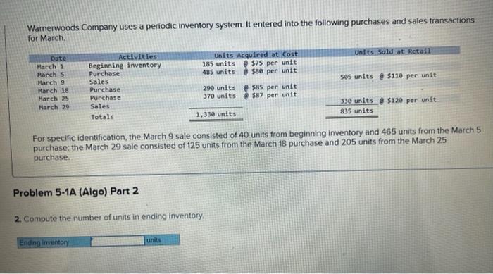 purchases and sales transactions for March. For specific identification, the March 9