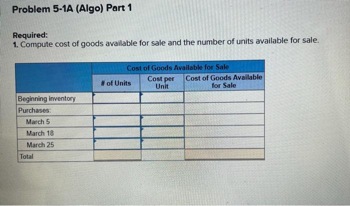 March 18 purchase and 205 units from the March 25 purchase: Required: