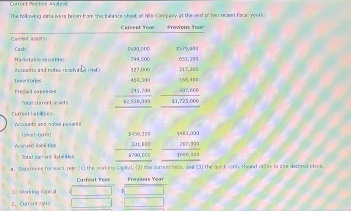 sheet of Nilo Company at the end of two recent fiscal years: