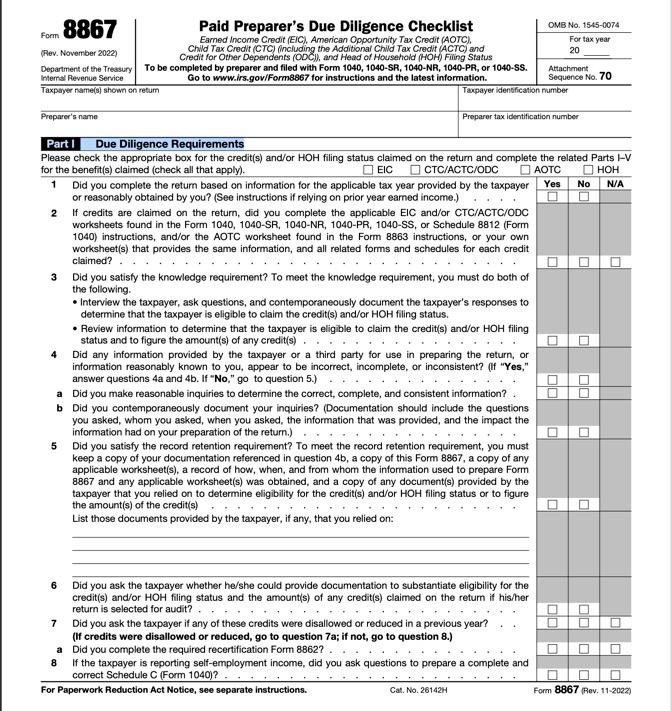  Please fill out Paid Preparers Due Diligence Checklist Form based on