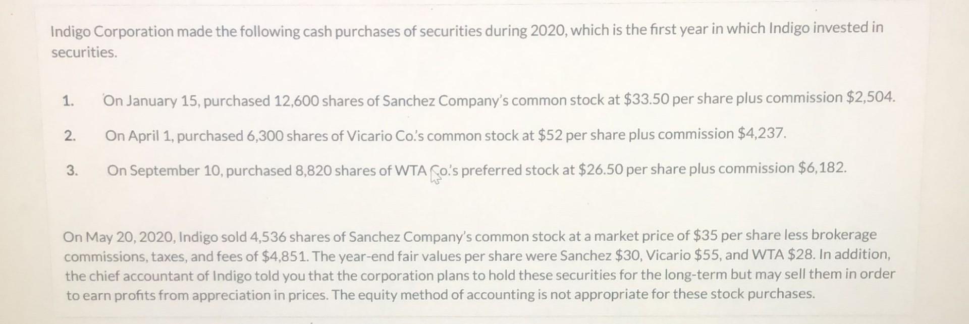 year in which Indigo invested in securities. 1. On January 15, purchased