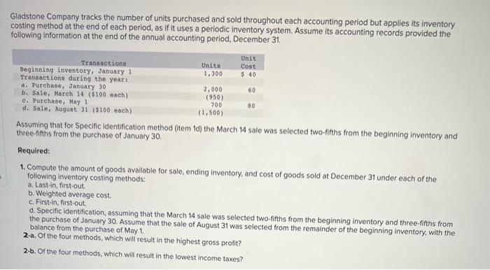 and details Gladstone Company tracks the number of units purchased and sold