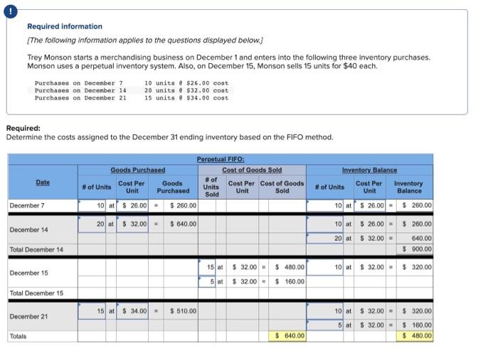  I need this FIFO table corrected Required information [The following information