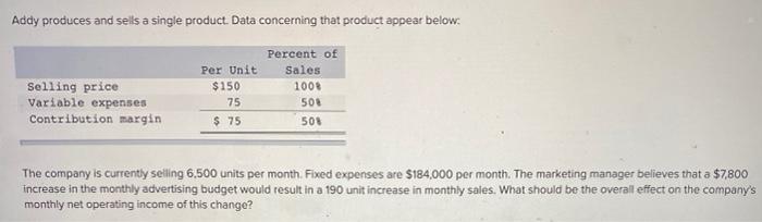  help Addy produces and sells a single product. Data concerning that