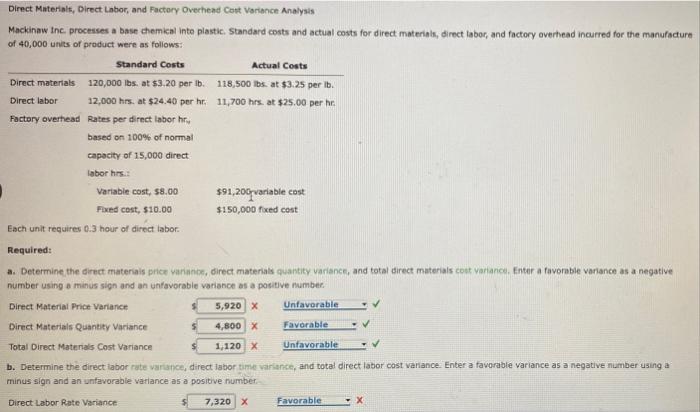Direct Materials, Direct Labor, and Factory Overhead Cost Variance Analysis Mackinaw