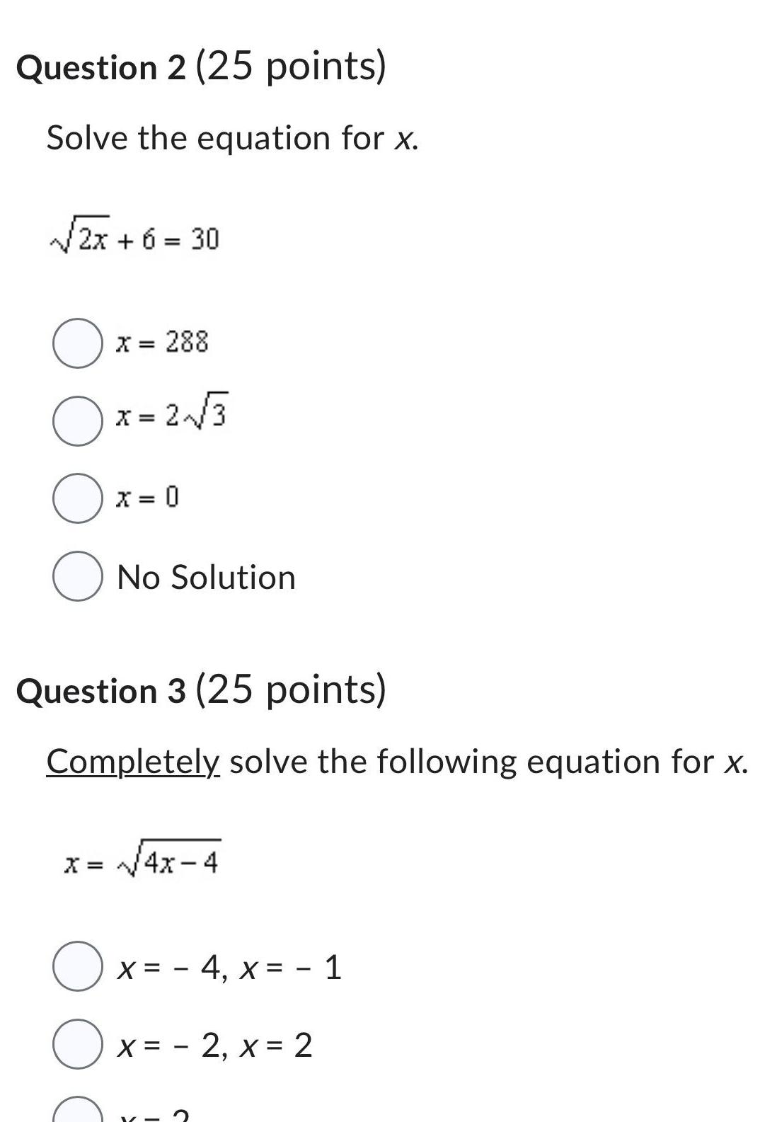 30 x 288 Ox 2 3 O O No Solution Question 3