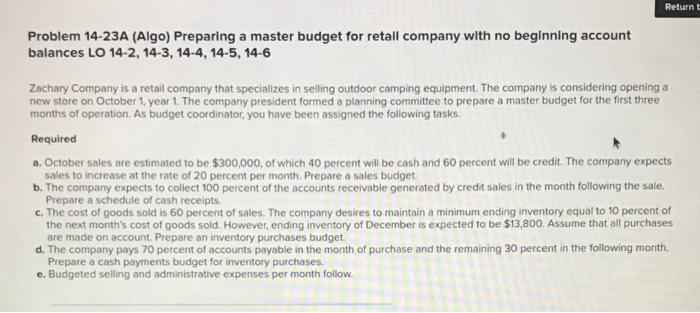 Return t Problem 14-23A (Algo) Preparing a master budget for retail