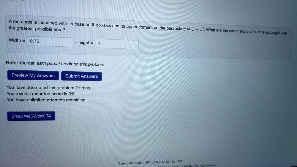  A rectangle is inscribed with its base on the x-axis and