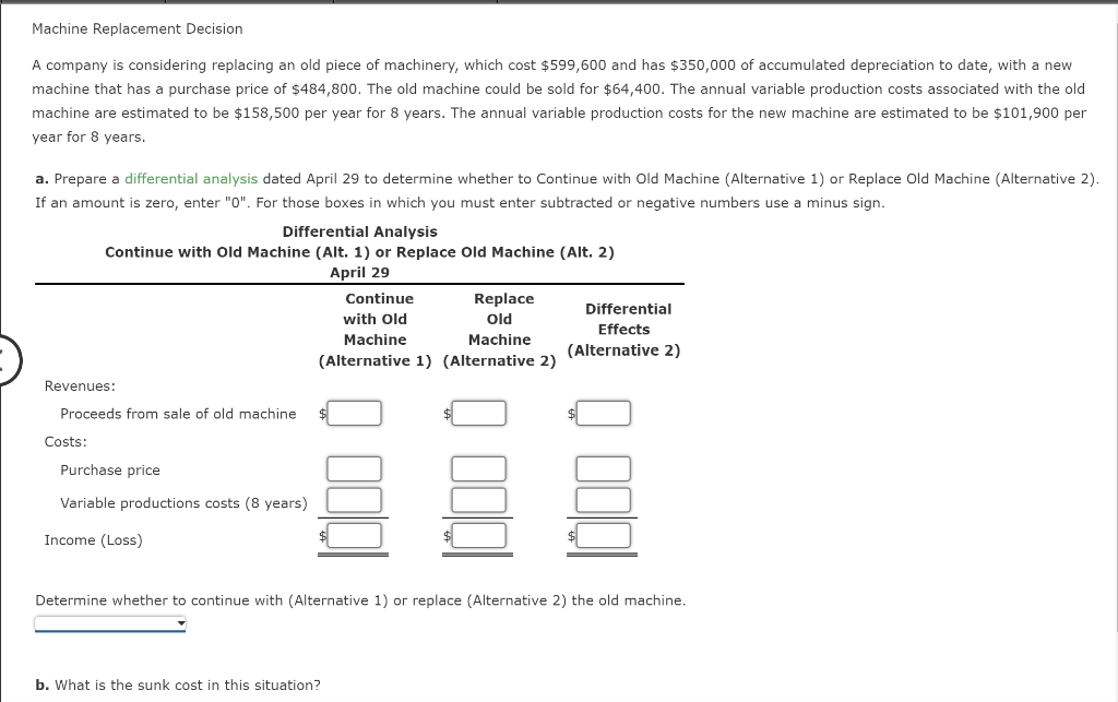 Machine Replacement Decision A company is considering replacing an old piece