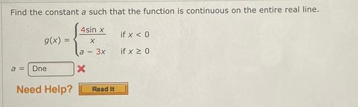  Find the constant a such that the function is continuous on