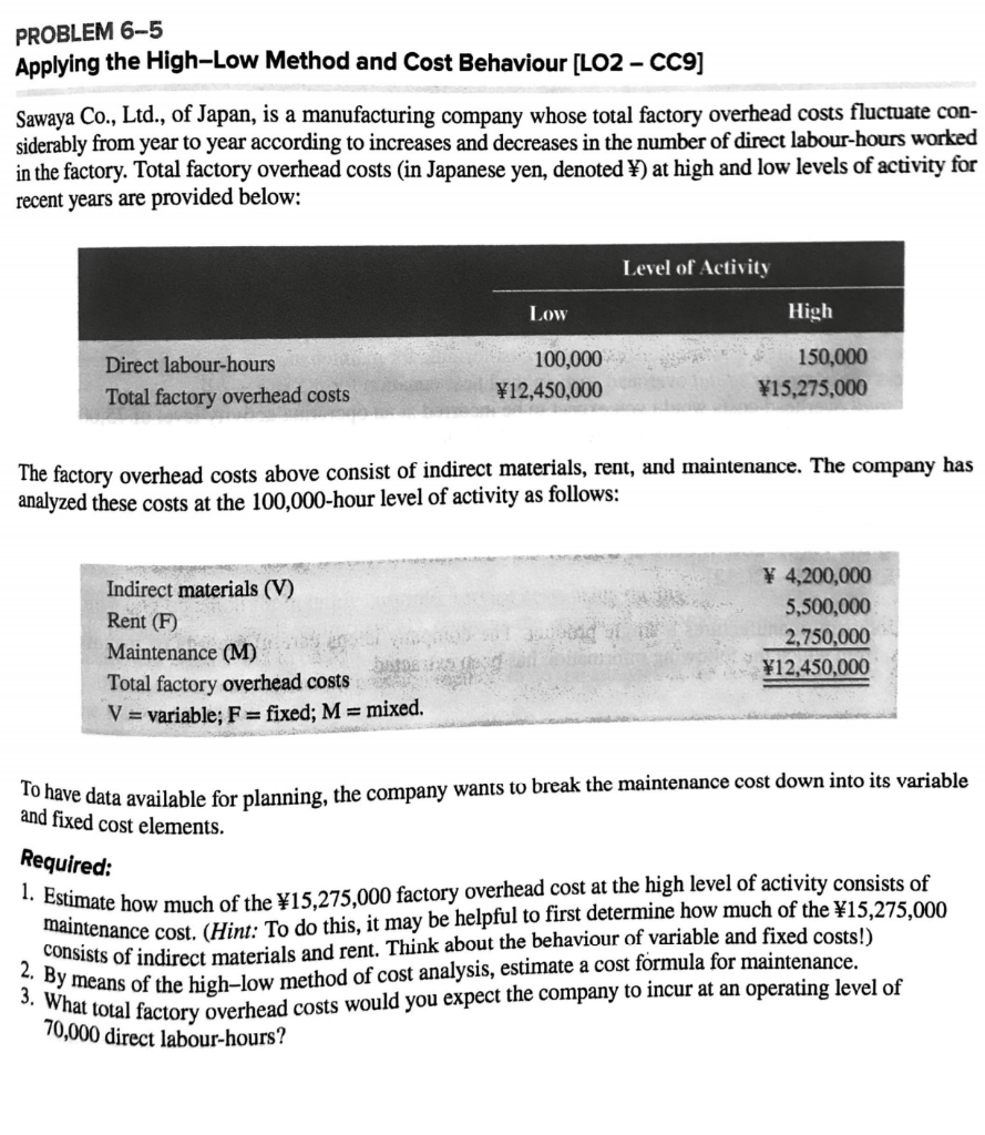  6-5 Applying the High-Low Method and Cost Behaviour [LO2 - CC9]