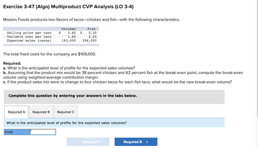 Exercise 3-47 (Algo) Multiproduct CVP Analysis (LO 3-4) Mission Foods produces