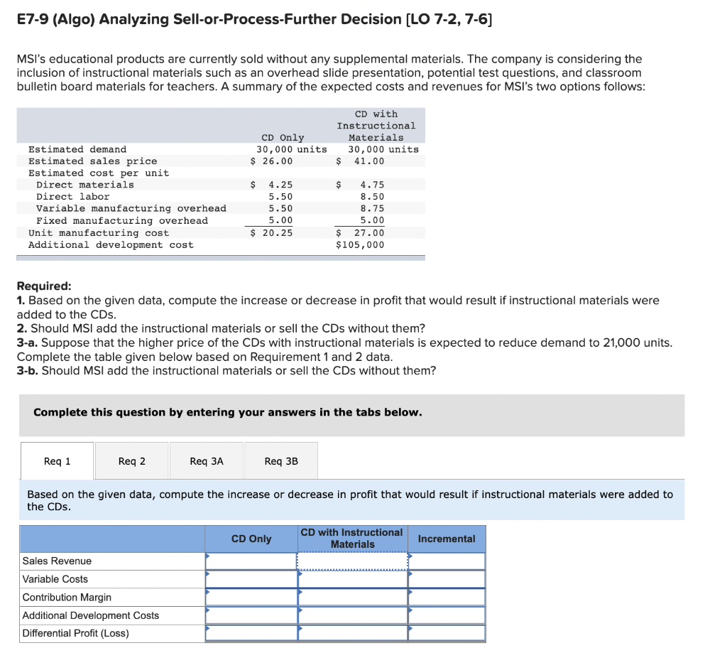  E7-9 (Algo) Analyzing Sell-or-Process-Further Decision [LO 7-2, 7-6] MSI's educational products