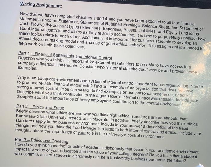  Writing Assignment: Now that we have completed chapters 1 and 4