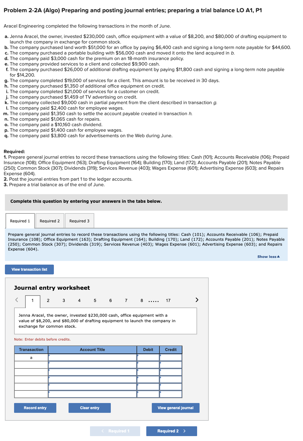  2-2A (Algo) Preparing and posting journal entries; preparing a trial balance