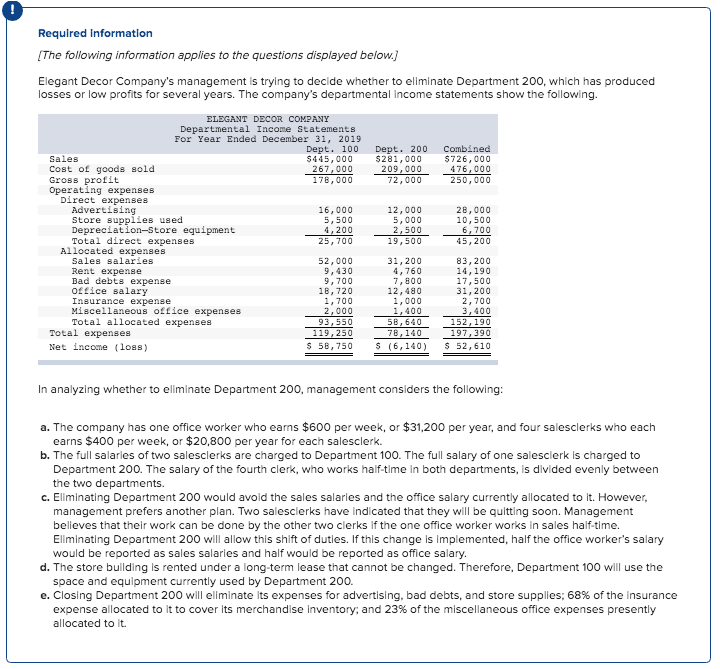 low profits for several years. The company's departmental income statements show the