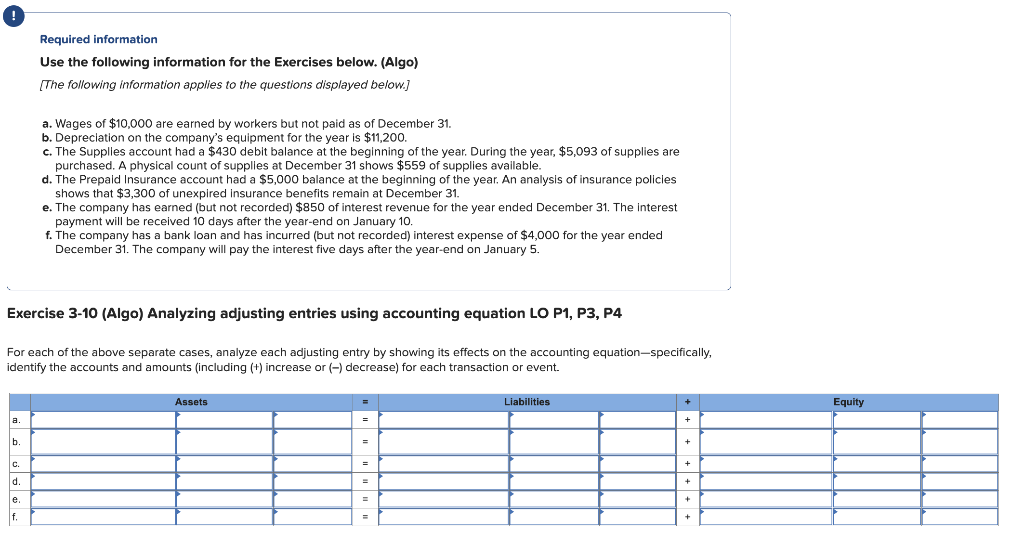  Required information Use the following information for the Exercises below. (Algo)