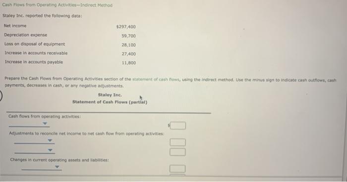 Cash Flows from Operating Activities-Indirect Method 5297,400 Staley Inc. reported the