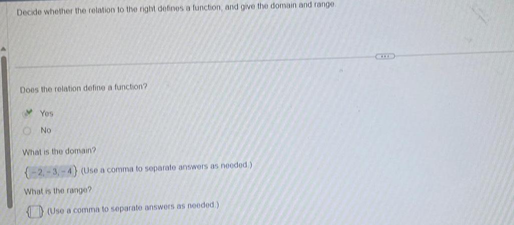give the domain and range Does the relation define a function Yos
