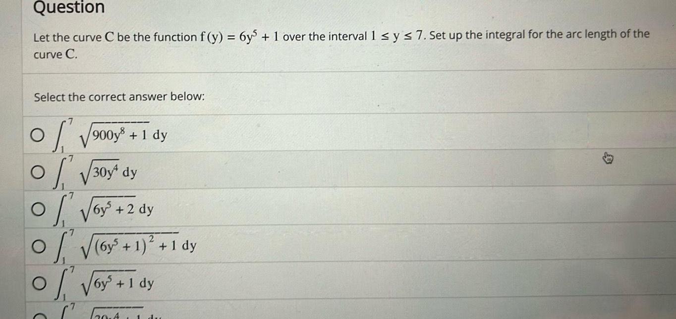 1 over the interval 1 y 7 Set up the integral for