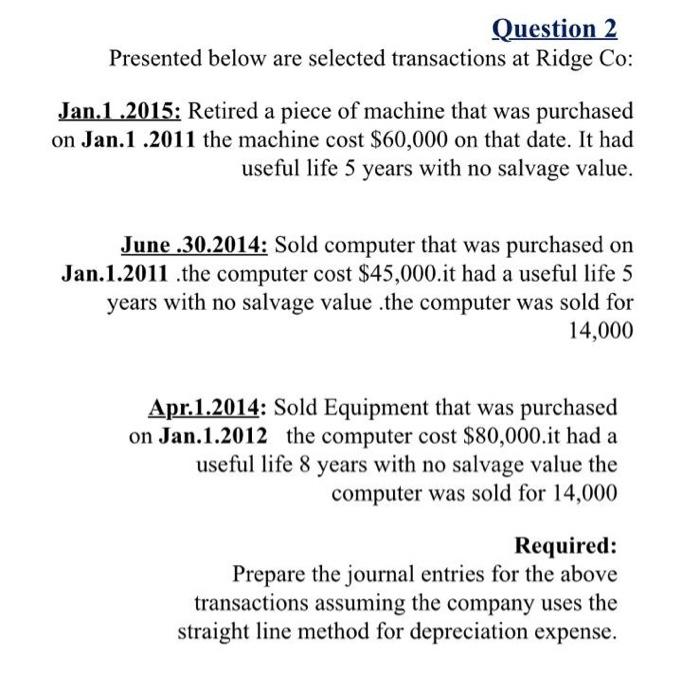  Question 2 Presented below are selected transactions at Ridge Co: Jan.1.2015: