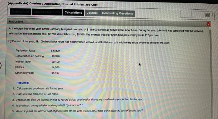 managerial accounting. all i was given (Appendix 4A) Overhead Application, Journal