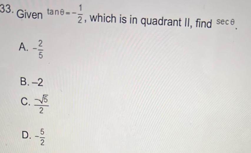 D 48 N 2 which is in quadrant II find sece