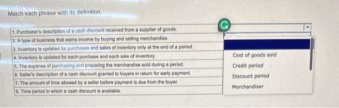 phrase with its definition. 1. Purchaser's description of a cash discount received