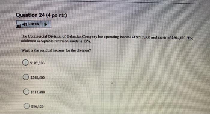 return on assets is 13%. What is the residual income for the