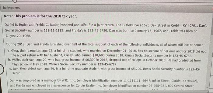 Instructions Note: This problem is for the 2018 tax year. Daniel