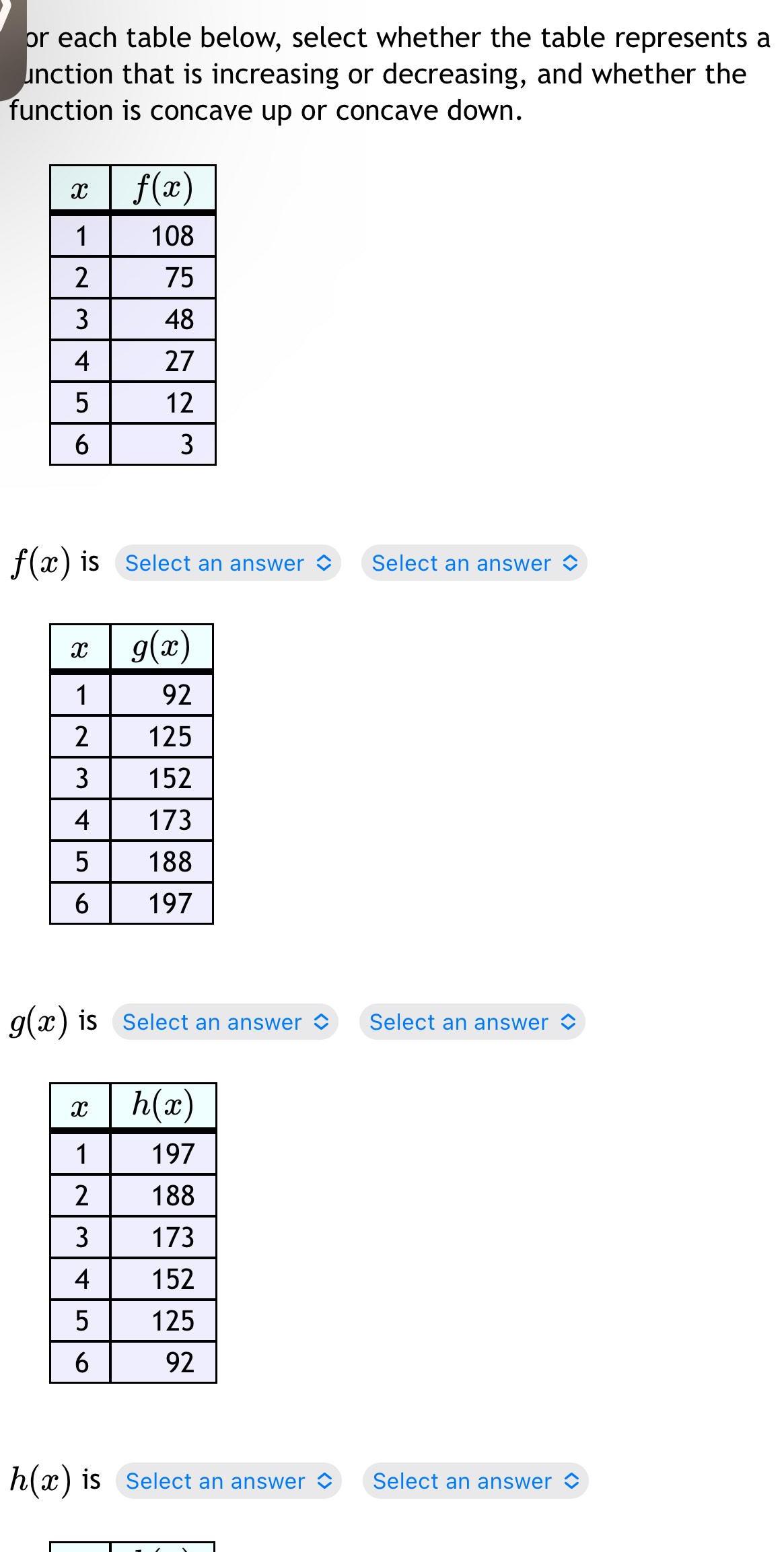  or each table below select whether the table represents a unction
