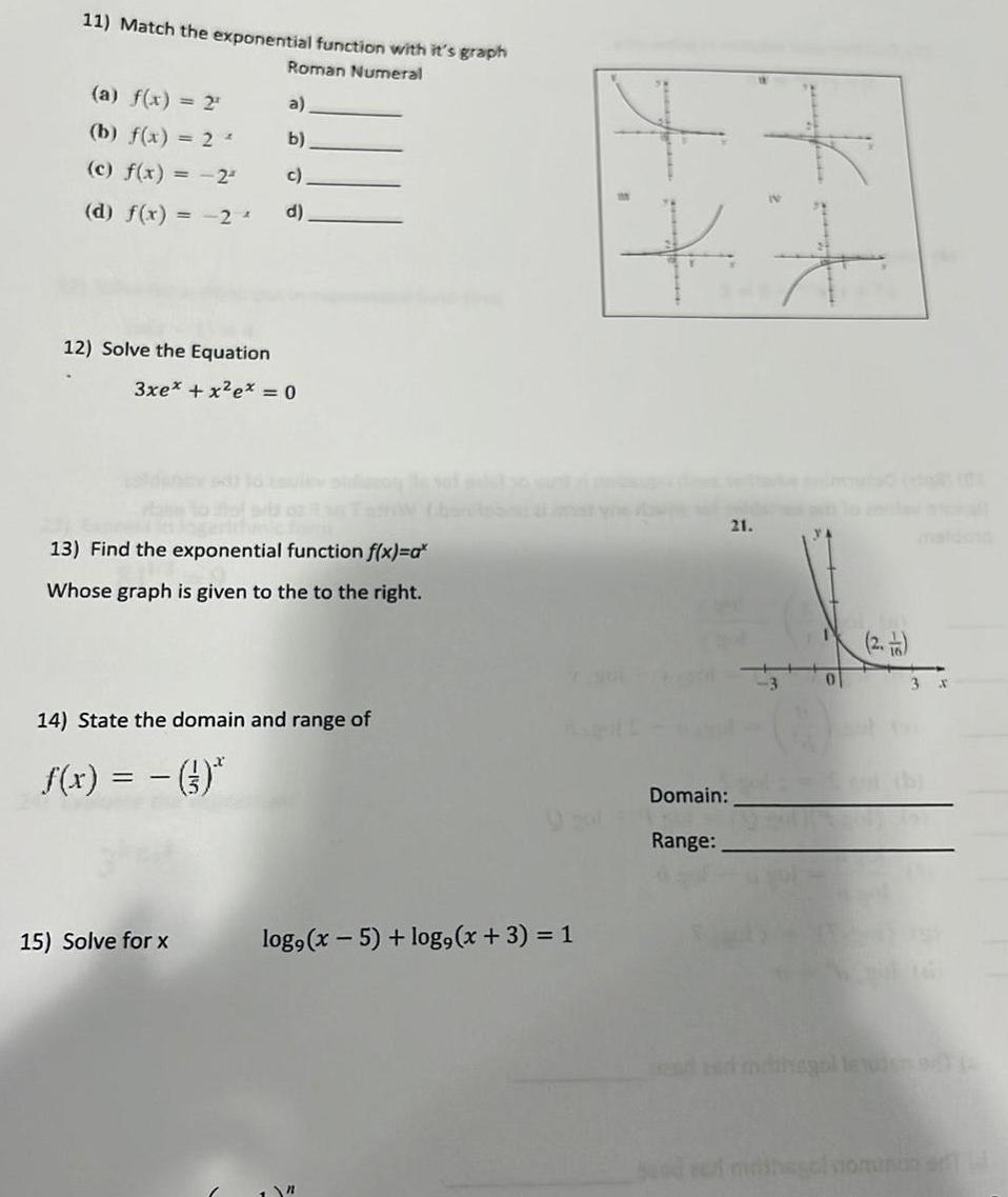  11 Match the exponential function with it s graph Roman Numeral