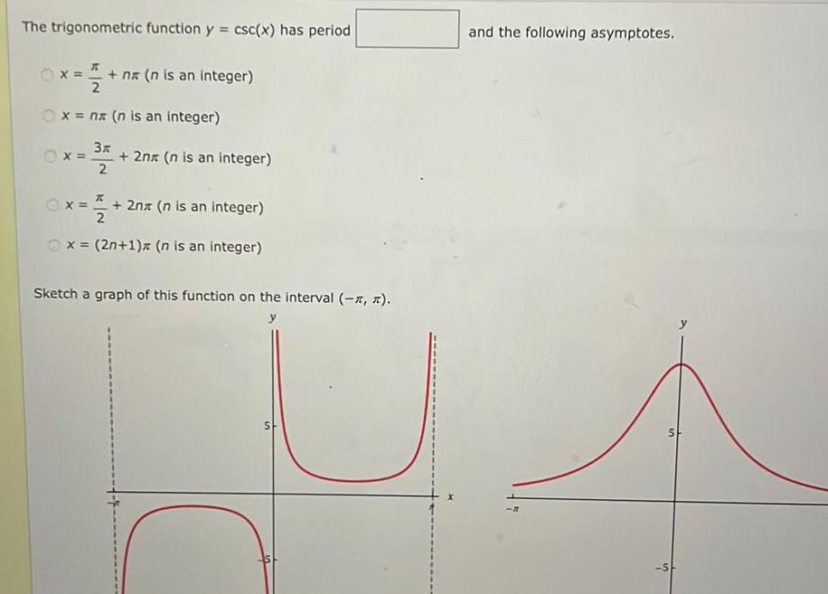 The trigonometric function y csc x has period n n is