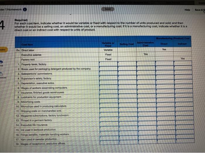 ter 1 Homework Help Save AF 4 Required: For each cost