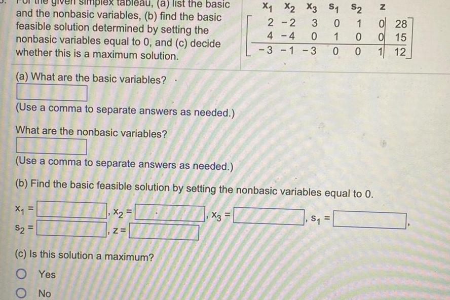 find the basic feasible solution determined by setting the nonbasic variables equal