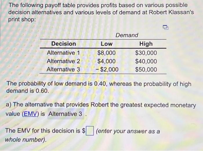 The following payoff table provides profits based on various possible decision