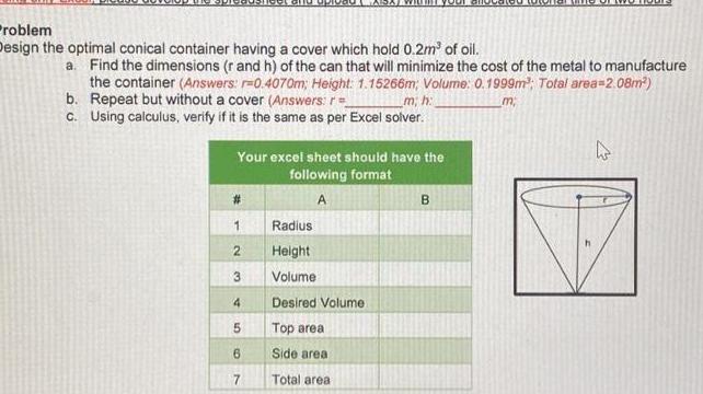  Problem Design the optimal conical container having a cover which hold